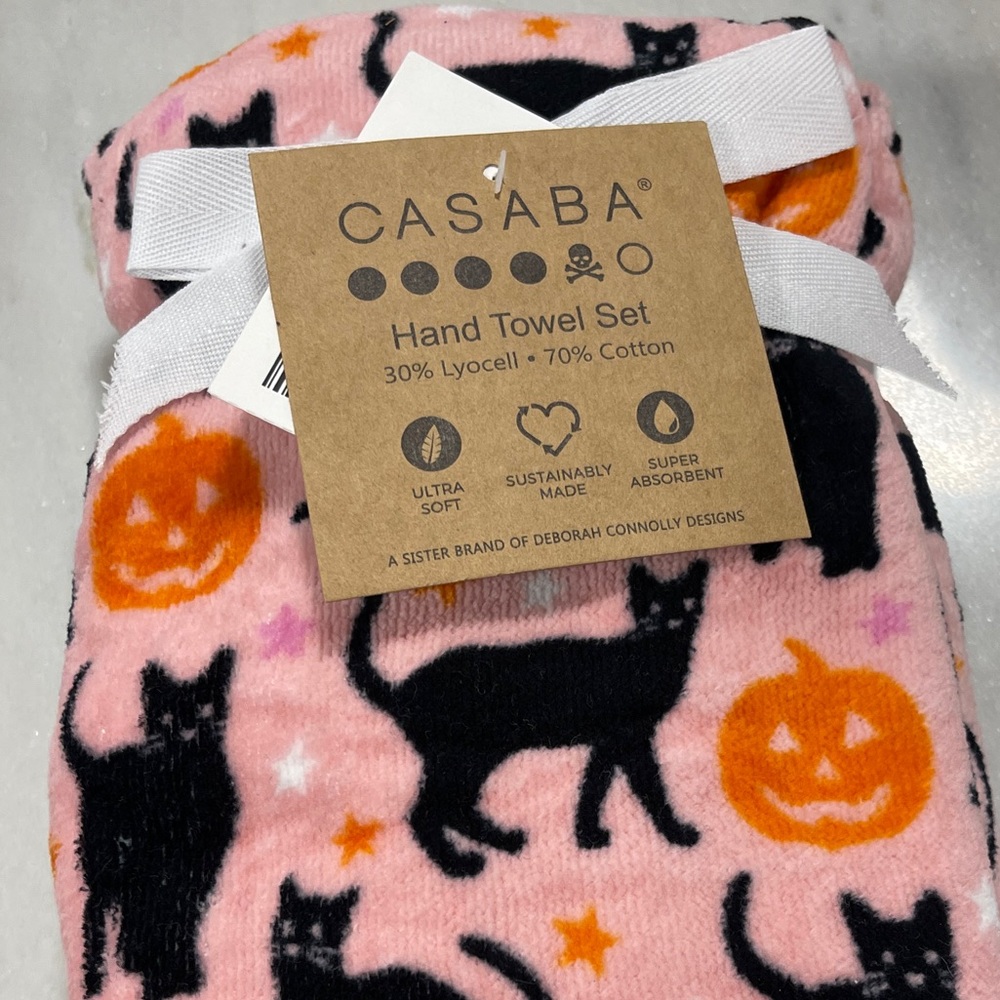 NEW Halloween PINK PUMPKIN & Black Cat Casaba 2pk 16×28 Velour Hand Towels